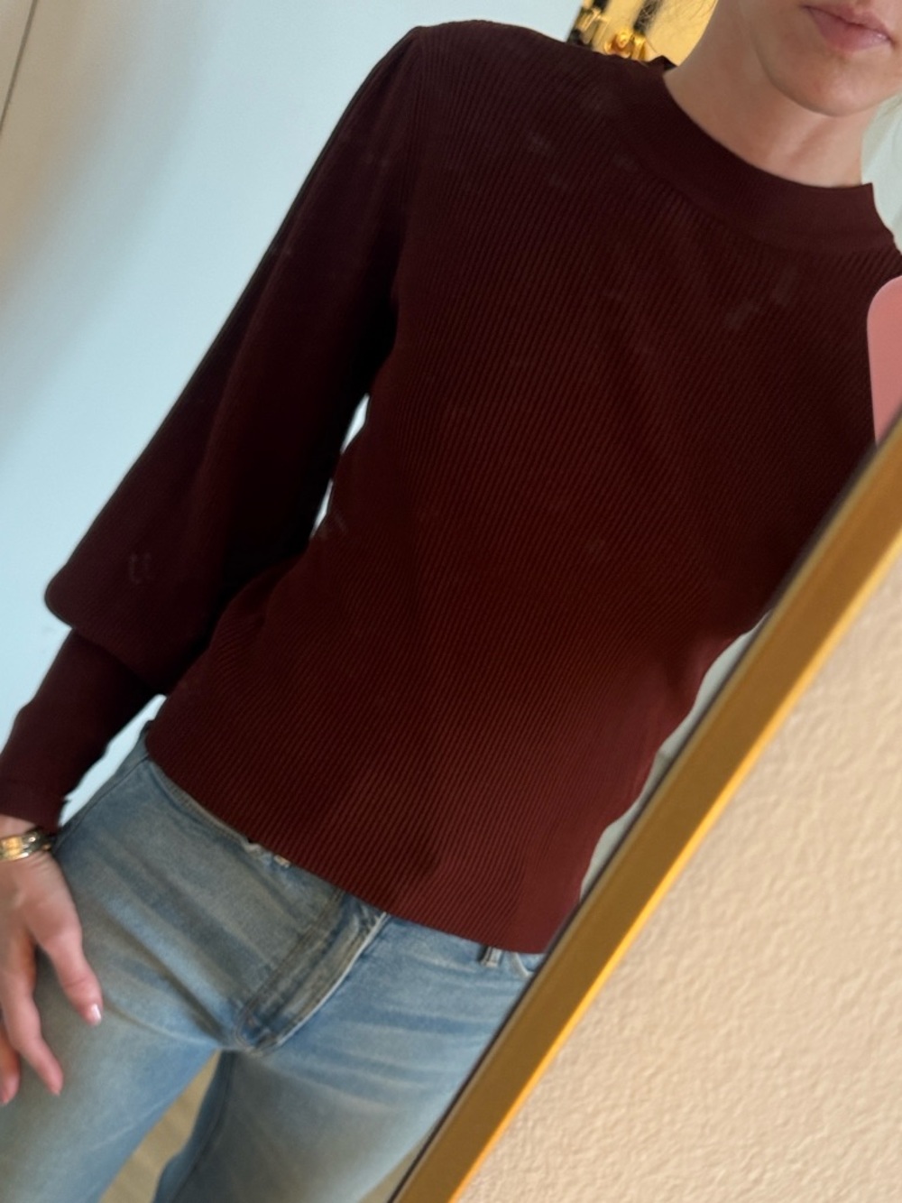Zara Ribbed Puff-Sleeve Top in Burgundy - Picture 4 of 4